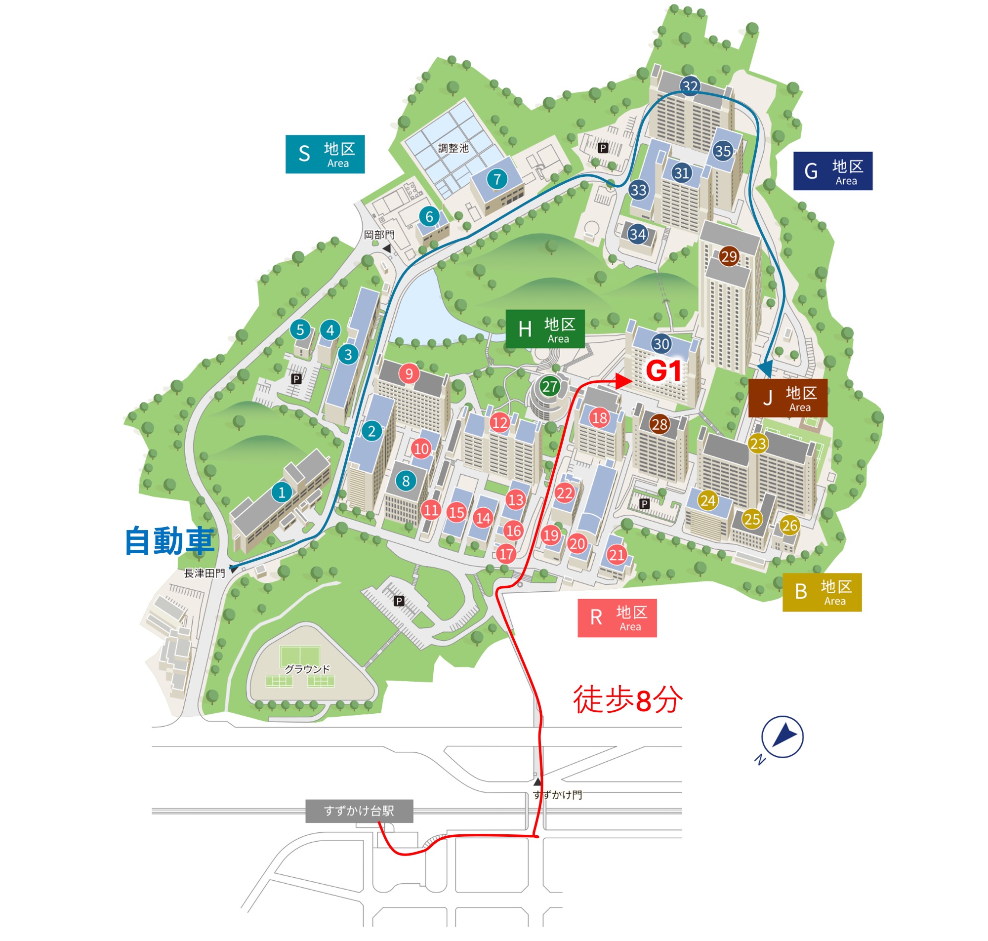 Access map from Suzukakedai Station to Building G1 - approx. 8 min walk